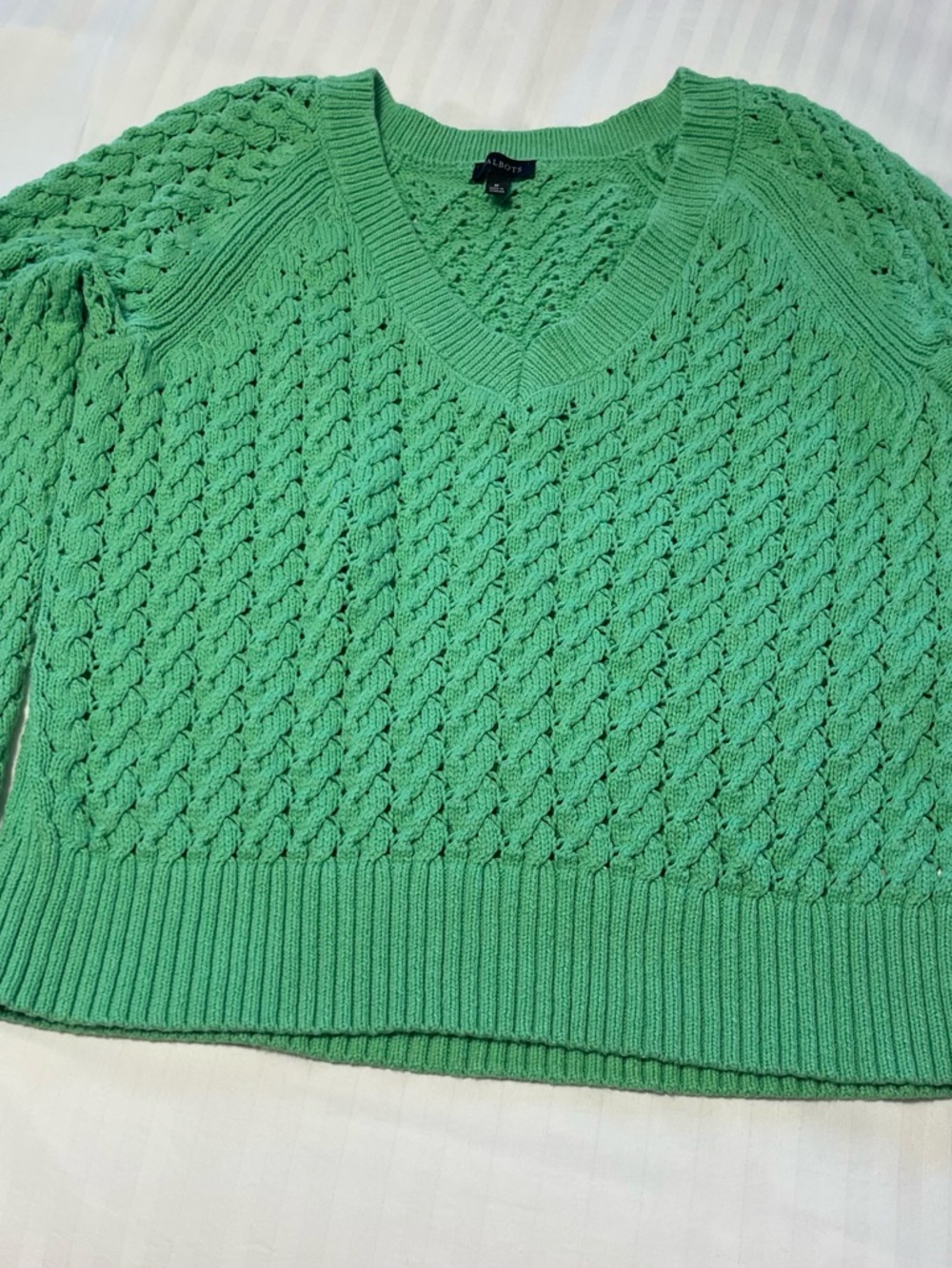Talbots Mint Green Cable V-Neck Sweater
